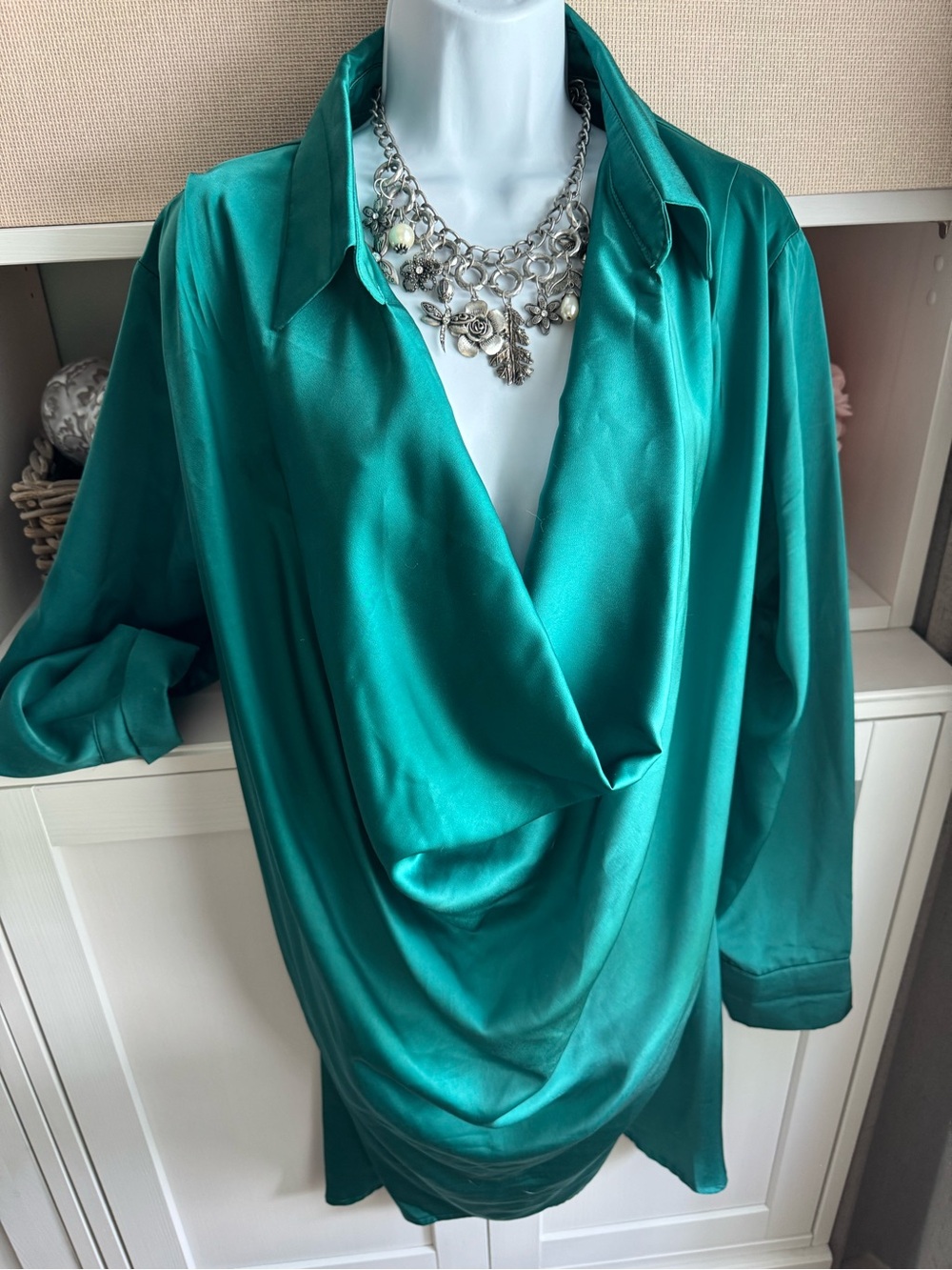 Green Satin Draped Midi Dress - Women Dresses Midi/Necklace included